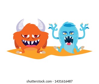 Funny Monsters Couple Comic Characters Colorful: เวกเตอร์สต็อก (ปลอดค่า