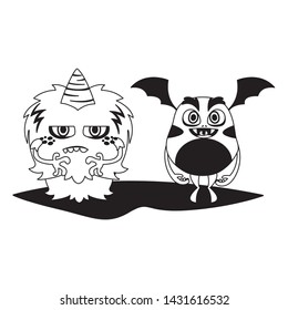 funny monsters couple comic characters monochrome