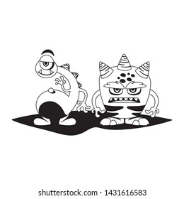 funny monsters couple comic characters monochrome