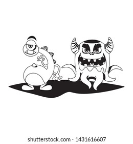 funny monsters couple comic characters monochrome