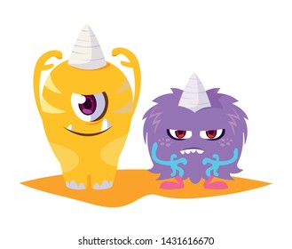 Vektor Stok Funny Monsters Couple Comic Characters Colorful (Tanpa