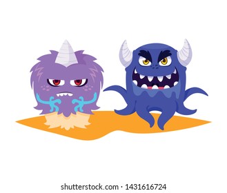 Funny Monsters Couple Comic Characters Colorful: เวกเตอร์สต็อก (ปลอดค่า