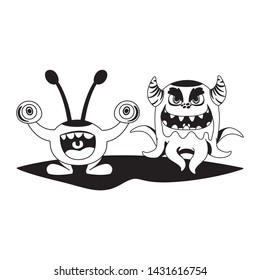 funny monsters couple comic characters monochrome