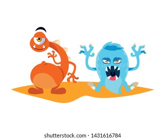 funny monsters couple comic characters colorful