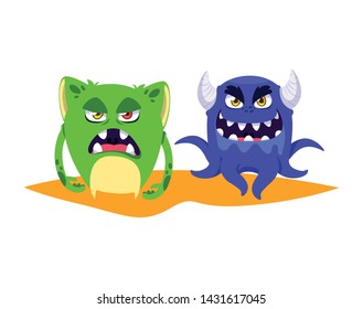 funny monsters couple comic characters colorful