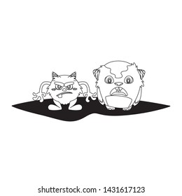 funny monsters couple comic characters monochrome
