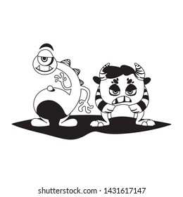 funny monsters couple comic characters monochrome