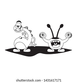 funny monsters couple comic characters monochrome