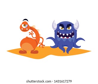 Funny Monsters Couple Comic Characters Colorful: เวกเตอร์สต็อก (ปลอดค่า