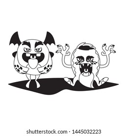 funny monsters couple comic characters monochrome