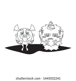 funny monsters couple comic characters monochrome