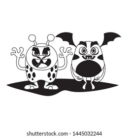 funny monsters couple comic characters monochrome