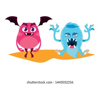 Funny Monsters Couple Comic Characters Colorful Stock Vector (Royalty