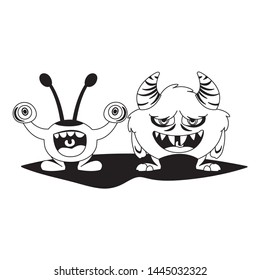 funny monsters couple comic characters monochrome