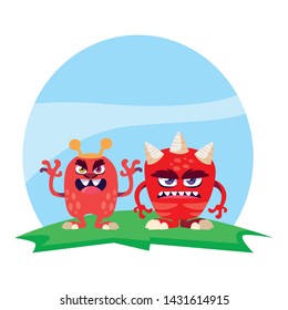funny monsters couple in the field characters colorful