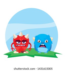 funny monsters couple in the field characters colorful