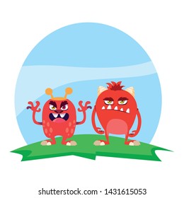 funny monsters couple in the field characters colorful
