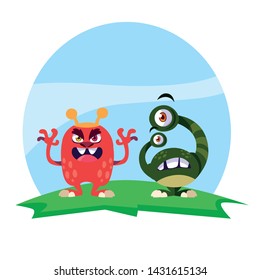 funny monsters couple in the field characters colorful
