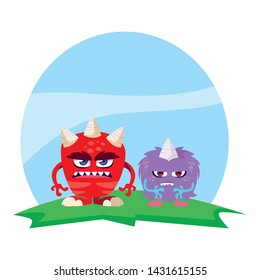 funny monsters couple in the field characters colorful