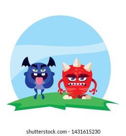 funny monsters couple in the field characters colorful