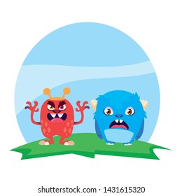 funny monsters couple in the field characters colorful