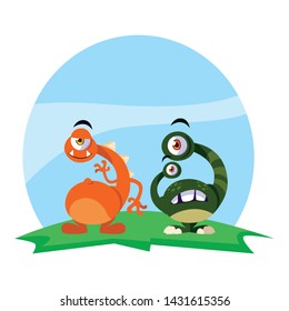 funny monsters couple in the field characters colorful