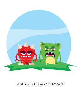 funny monsters couple in the field characters colorful