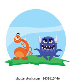 funny monsters couple in the field characters colorful