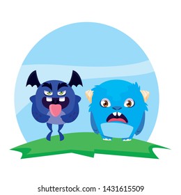 funny monsters couple in the field characters colorful