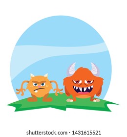 funny monsters couple in the field characters colorful