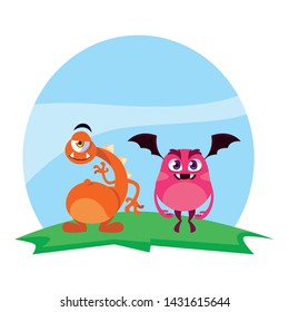 funny monsters couple in the field characters colorful