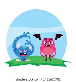 funny monsters couple in the field characters colorful