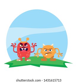 funny monsters couple in the field characters colorful