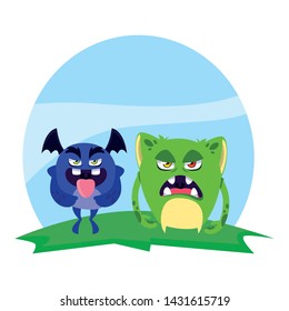 funny monsters couple in the field characters colorful