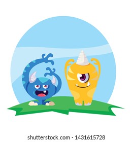 funny monsters couple in the field characters colorful