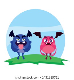 funny monsters couple in the field characters colorful