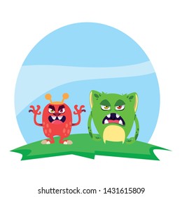 funny monsters couple in the field characters colorful