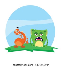 funny monsters couple in the field characters colorful