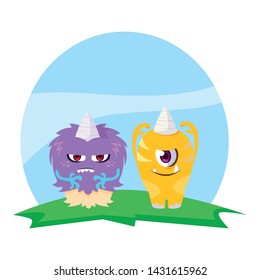 funny monsters couple in the field characters colorful