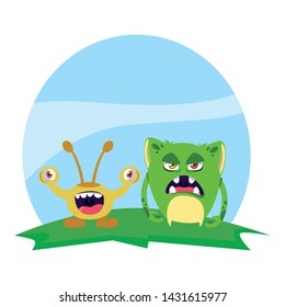 funny monsters couple in the field characters colorful