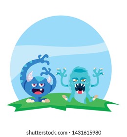 funny monsters couple in the field characters colorful