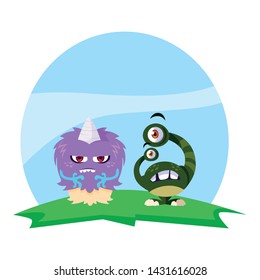 funny monsters couple in the field characters colorful