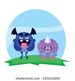 funny monsters couple in the field characters colorful