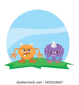 funny monsters couple in the field characters colorful