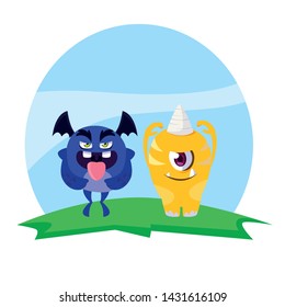 funny monsters couple in the field characters colorful