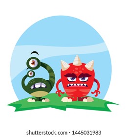 funny monsters couple in the field characters colorful