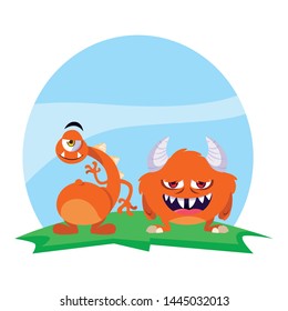 funny monsters couple in the field characters colorful