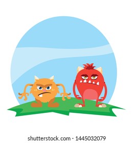 funny monsters couple in the field characters colorful