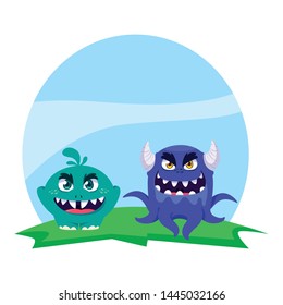 funny monsters couple in the field characters colorful