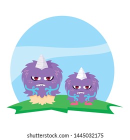 funny monsters couple in the field characters colorful